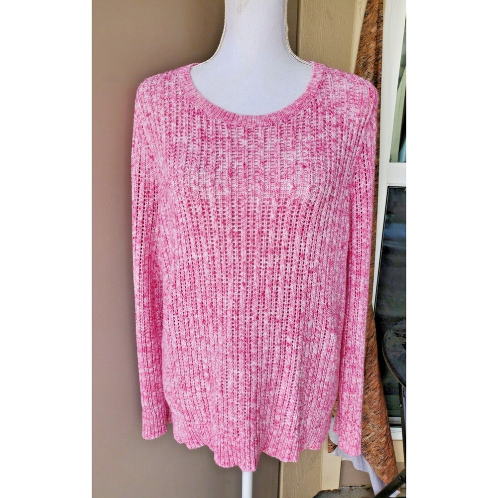 Talbots Sweater Womens XL Pink White Marled Open Knit Cotton Long Sleeve Vibrant